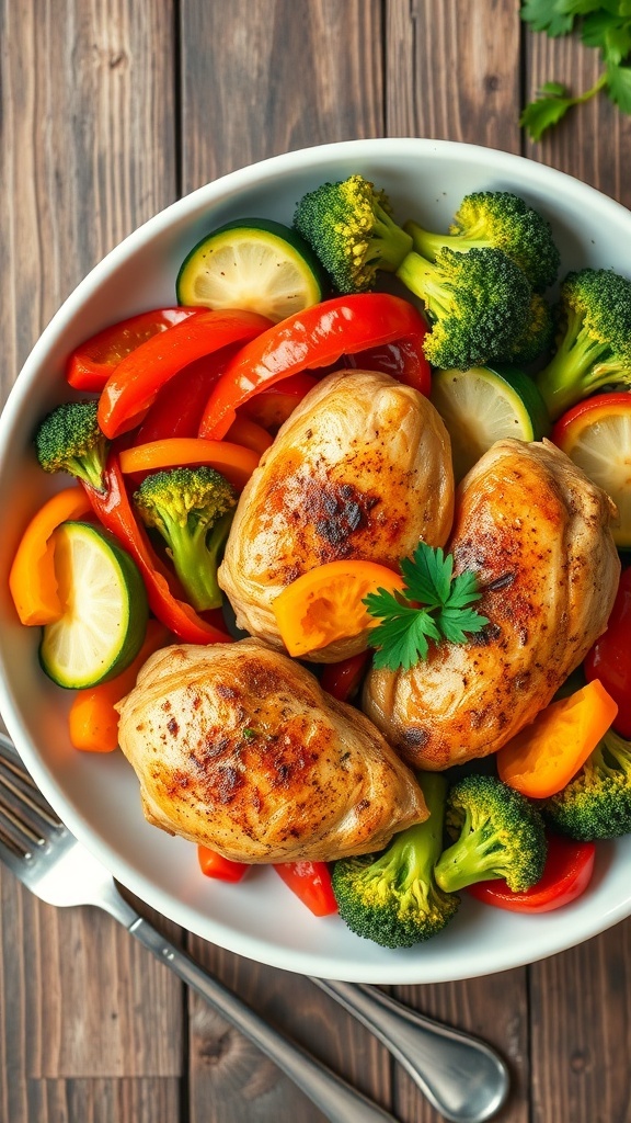 Healthy air fryer chicken and vegetables with bell peppers, zucchini, and broccoli, garnished with parsley on a wooden table.